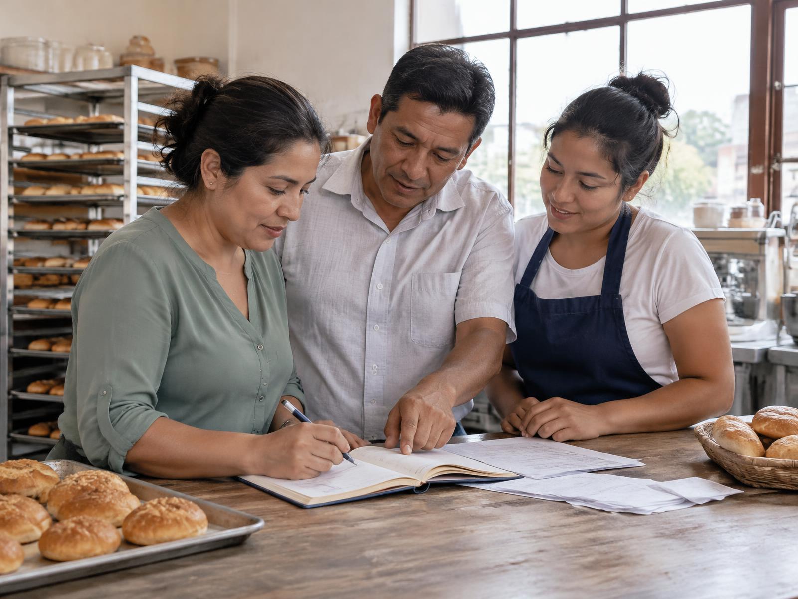 Emprendedores revisan la planificación de su negocio en una panadería